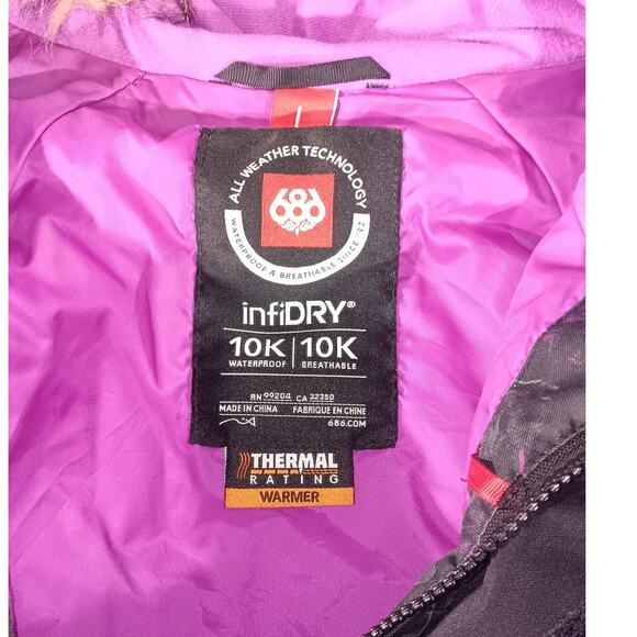 686 Women’s Snowboard Ski Jacket Floral Camo Hood Fur InfiDRY 10K Waterproof M - Picture 5 of 8